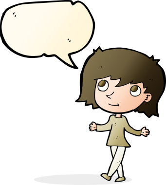 Bir insan tarafından çizilen konuşma baloncuğuyla ilgili endişesi olmayan çizgi film kızı.