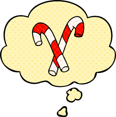 Bir insan tarafından çizilmiş çizgi roman tarzında düşünce baloncuğu olan çizgi film şeker bastonları.