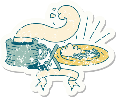 Bir insan tarafından çizilmiş eski dövme stili bir kahvaltı ve kahve etiketi.