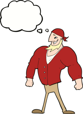 Bir insan tarafından çizilmiş düşünce baloncuğu olan erkek bir denizci.