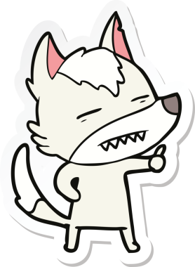 Bir insan tarafından çizilmiş dişleri gösteren bir kurt çizgi film etiketi.