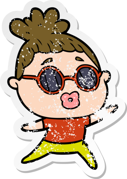 Bir insan tarafından çizilmiş güneş gözlüğü takan çizgi film dansçısı bir kadının sıkıntılı çıkartması.