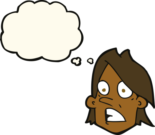 Bir insan tarafından çizilmiş düşünce baloncuklu karikatür korkmuş yüzü.