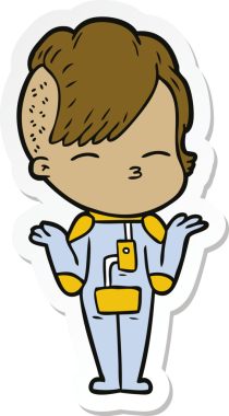 Bir insan tarafından çizilmiş fütüristik kıyafetler giyen bir çizgi film kızına ait etiket.