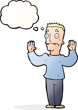 Bir insan tarafından çizilmiş düşünce baloncuğuyla teslim olan bir çizgi film adamı.