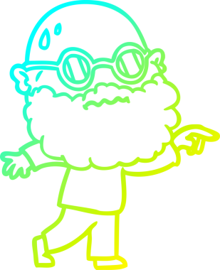 Sakallı ve gözlüklü endişeli bir çizgi film karakteri insan tarafından çizilmiş bir parmağı işaret ediyor.