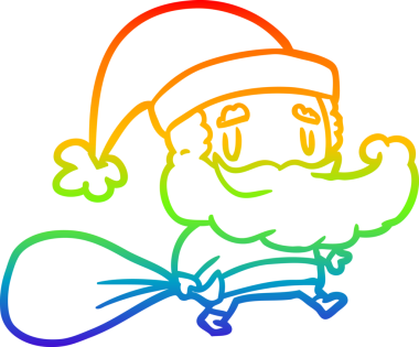 Noel Baba 'nın çizdiği gökkuşağı gradyanı bir insan tarafından çizilmiş hediye çuvallarını taşıyor.