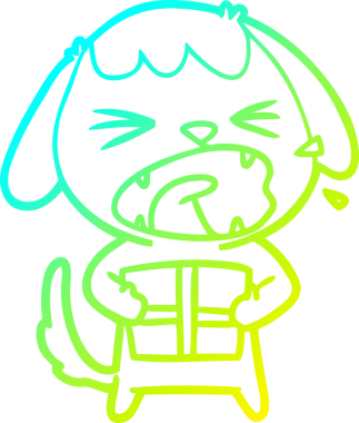 Bir insan tarafından çizilmiş noel hediyeli şirin bir köpeğin soğuk gradyan çizimi.