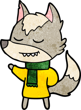 Bir insan tarafından çizilmiş eşarp takan dost canlısı bir kurt.