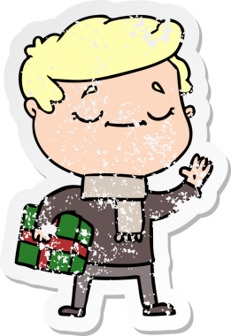 Bir insan tarafından çizilmiş Noel hediyesini taşıyan karikatür adamın sıkıntılı çıkartması.