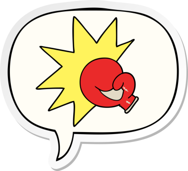 Bir insan tarafından çizilmiş konuşma balonu çıkartmalı boks eldiveni karikatürü.