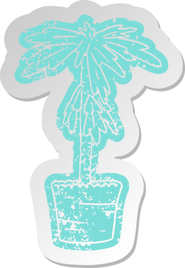 Bir insan tarafından çizilmiş bir ev bitkisinin sıkıntılı eski çizgi film çıkartması.