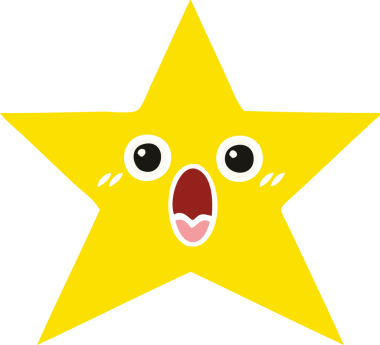 Bir insan tarafından çizilmiş altın yıldızın düz renkli retro karikatürü