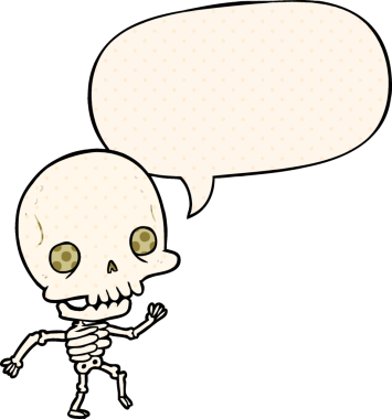 Çizgi roman tarzında bir insan tarafından çizilmiş konuşma baloncuğu ile dans eden şirin bir iskelet.
