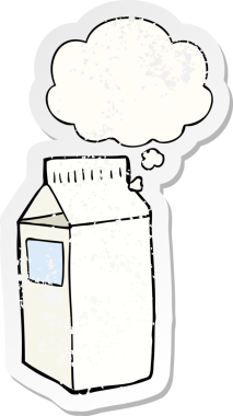 Düşünce baloncuklu çizgi film süt kutusu insan tarafından çizilmiş yıpranmış bir çıkartma gibi.