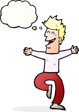 Bir insan tarafından çizilmiş düşünce balonlu gülen adam.