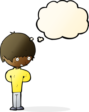 Bir insan tarafından çizilmiş düşünce baloncuğu olan sinirli bir çocuk.