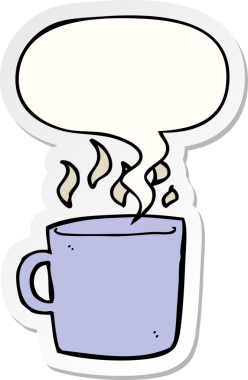 Bir insan tarafından çizilmiş konuşma balonu çıkartmalı bir fincan sıcak kahve.