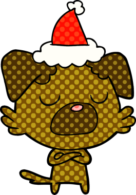 Bir insan tarafından çizilmiş Noel Baba şapkası takan bir köpeğin el çizimi çizgi roman tasviri.