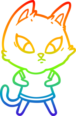 Gökkuşağı gradyan çizgisi, kafası karışmış bir çizgi film kedisinin insan tarafından çizilmiş kıyafetleri.