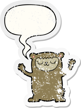 Konuşma baloncuğu olan sevimli çizgi film ayısı bir insan tarafından çizilmiş sıkıntılı eski bir çıkartma