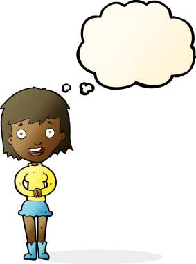 Bir insan tarafından çizilmiş düşünce baloncuğu olan heyecanlı bir kadın.