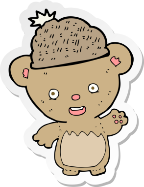 Bir insan tarafından çizilmiş şapkalı çizgi film ayısının çıkartması.