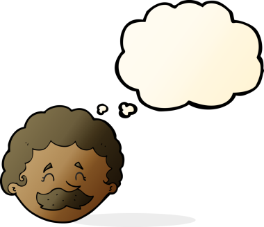 Bir insan tarafından çizilmiş düşünce baloncuklu bıyıklı çizgi film adamı.