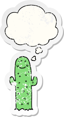 Düşünce baloncuğu olan çizgi film kaktüsü insan tarafından çizilmiş yıpranmış bir çıkartma.