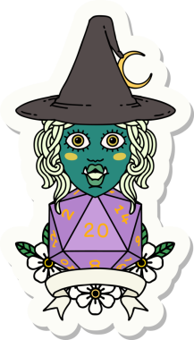 Bir insan tarafından çizilmiş doğal 20 zarlı yarım ork cadı karakterinin çıkartması.