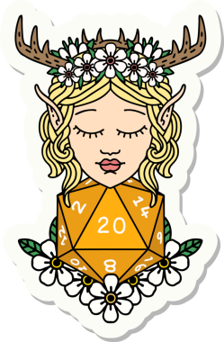 Bir insan tarafından çizilmiş nautral yirmilik zarlı bir Elf Druid karakterinin çıkartması.