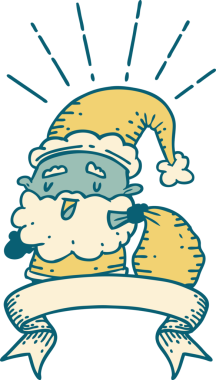 Dövme stili noel baba karakterli parşömen bir insan tarafından çizilmiş çuval.