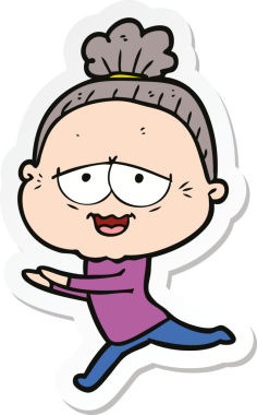 Bir insan tarafından çizilmiş mutlu yaşlı bir kadının çıkartması.