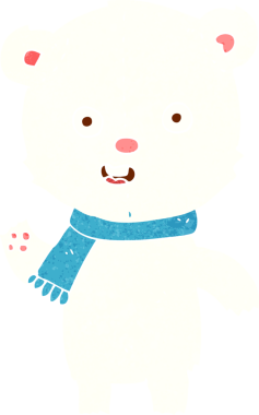 Bir insan tarafından çizilmiş eşarplı kutup ayısı yavrusu sallayan çizgi film.