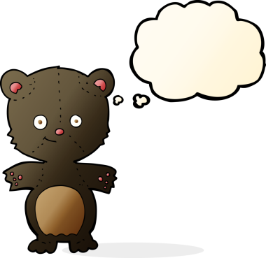 Bir insan tarafından çizilmiş düşünce baloncuklu mutlu siyah ayı.