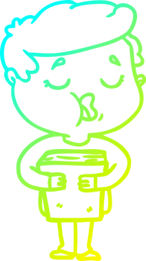 Elinde kitap tutan ve bir insan tarafından çizilmiş bir çizgi film karakteri çizimi.