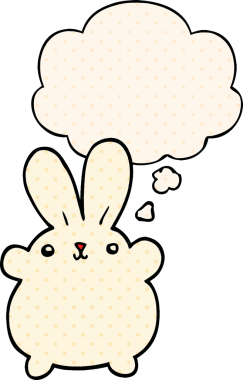 Bir insan tarafından çizilmiş çizgi roman tarzı düşünce baloncuğu olan sevimli çizgi film tavşanı.