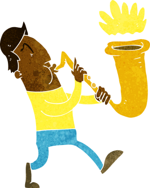 Bir insan tarafından çizilmiş saksafon üfleyen çizgi film adamı.