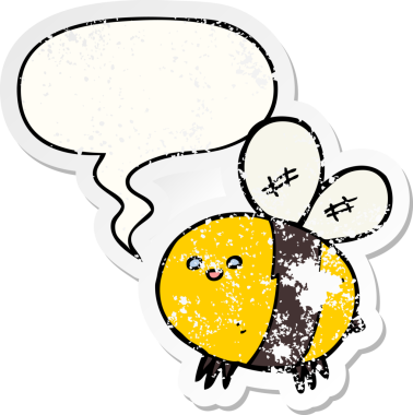 Konuşma baloncuğu olan çizgi film arısı bir insan tarafından çizilmiş sıkıntılı eski bir çıkartma