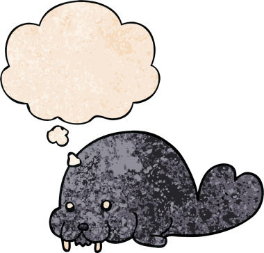 Bir insan tarafından çizilmiş grunge desenli düşünce baloncuklu şirin bir mors.