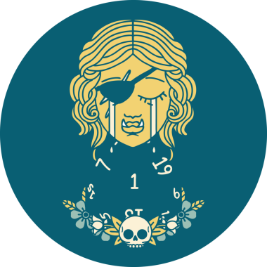 Retro Dövme Tarzı Ağlama Yarı Ork haylaz karakter Doğal bir D20 rulo ile bir insan tarafından çizilmiş