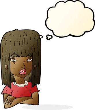 Bir insan tarafından çizilmiş düşünce balonuyla kollarını kavuşturmuş çizgi film kızı.