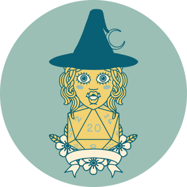 Retro Dövme Biçimi Bir insan tarafından çizilmiş doğal 20 zarlı yarı ork cadı karakteri