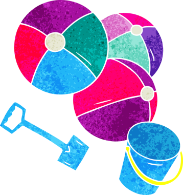 El çizimi retro karikatür karalama plaj topları bir insan tarafından çizilmiş kova ve kürek ile