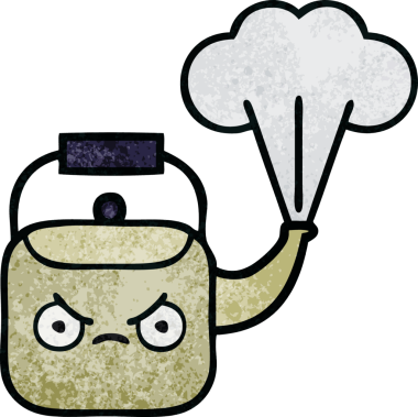 Bir insan tarafından çizilen dumanı tüten bir çaydanlığın retro grunge desenli karikatürü