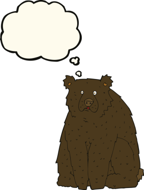 Bir insan tarafından çizilmiş düşünce baloncuklu komik siyah ayı.