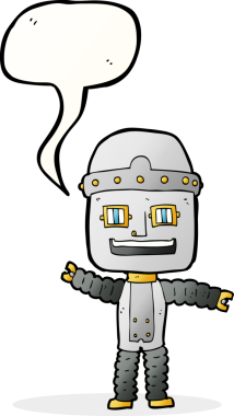 Bir insan tarafından çizilmiş konuşma balonlu çizgi film sallayan robot.