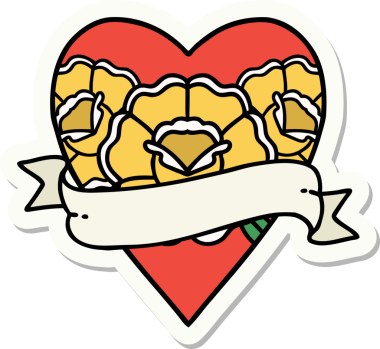 Geleneksel kalp stili dövme çıkartması ve bir insan tarafından çizilmiş çiçekli pankart.