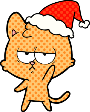 Bir insan tarafından çizilmiş Noel Baba şapkası takan bir kedinin çizgi roman çizimi.