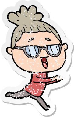 Bir insan tarafından çizilmiş gözlük takan mutlu bir kadının sıkıntılı çıkartması.